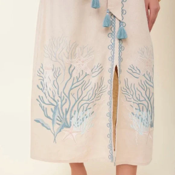 Spartina 449 | Cream Linen Dress with Blue Tassel Belt - Picture 2 of 7